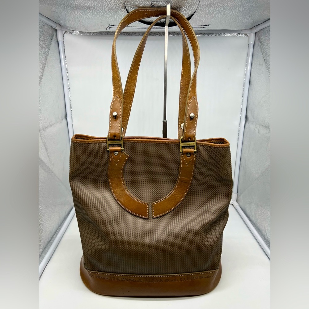 CHARLES JOURDAN Vintage Brown Vinyl Coated Canvas Leather Trim Hobo Shoulder Bag